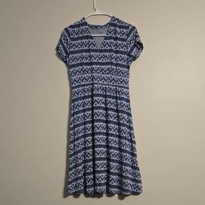 L.L. Bean Blue and Navy Patterned V-Neck Dress, Small Petite